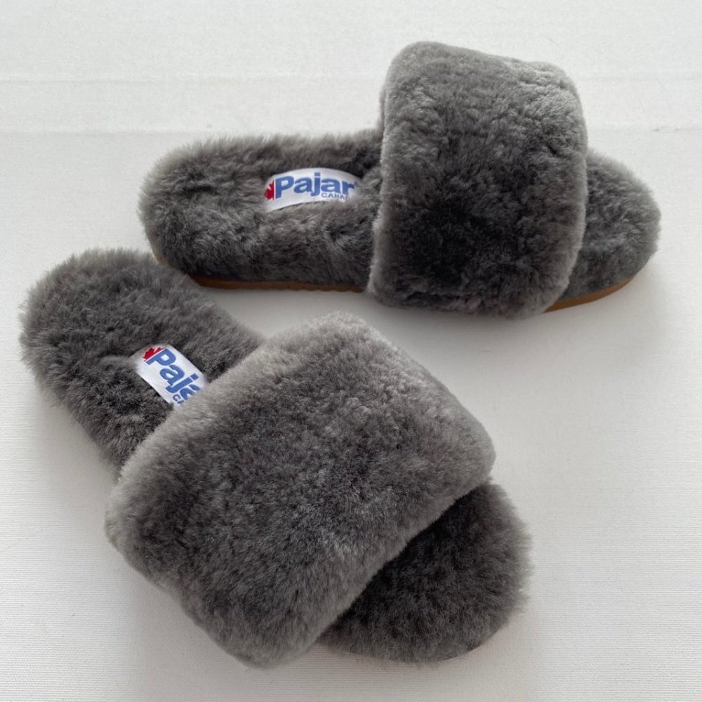 Pajar Shearling Open Toe Slippers  Grey